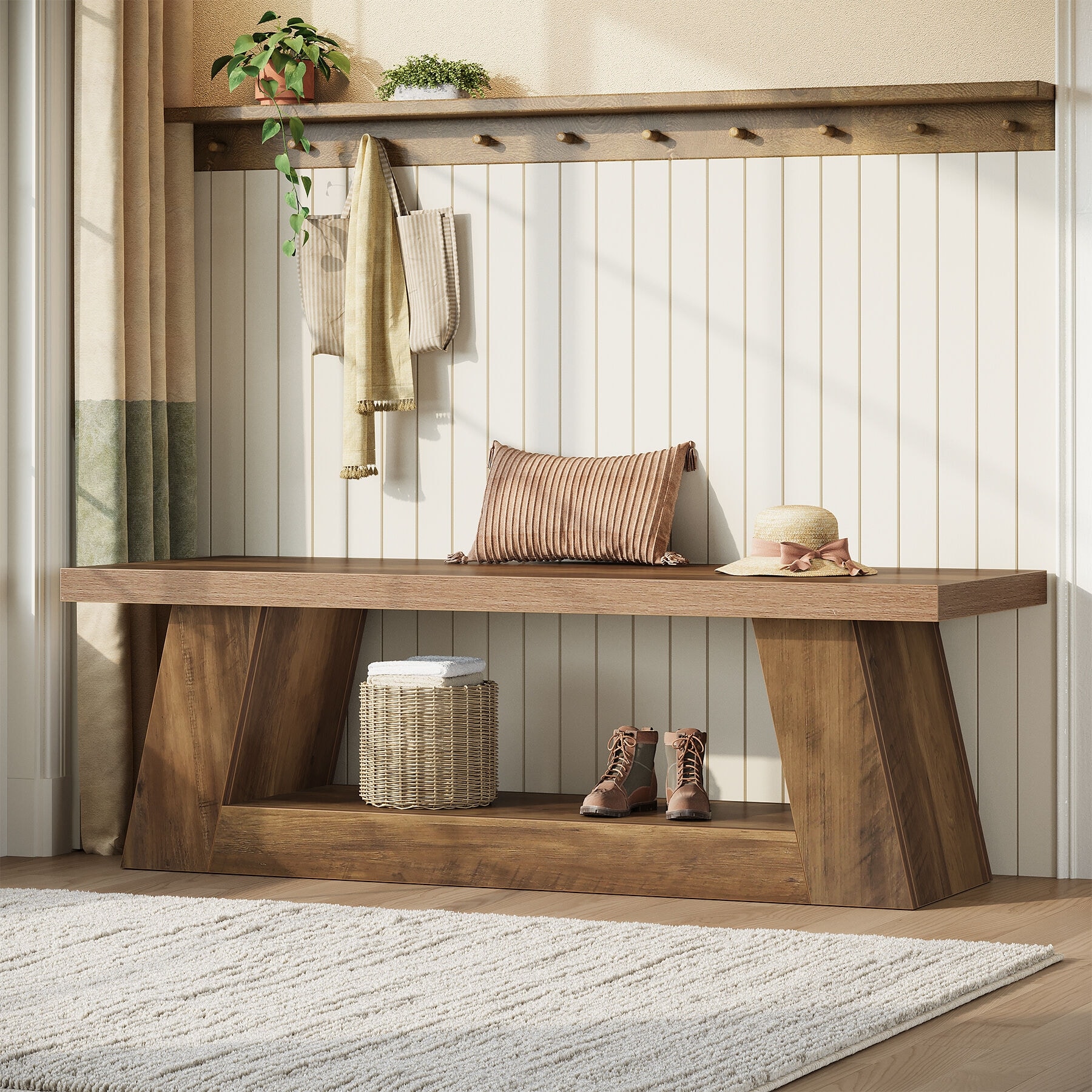 Wooden Entryway Bench with Storage Shelf, 63" Rustic Extra Long Bench