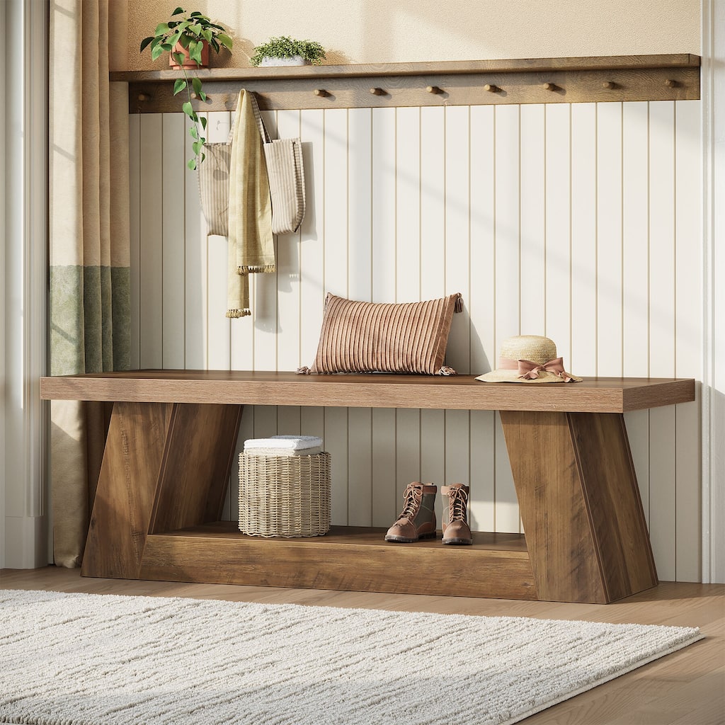 Wooden Entryway Bench with Storage Shelf, 63" Rustic Extra Long Bench