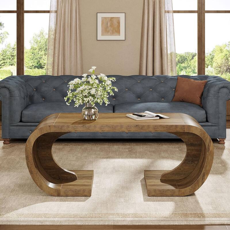 47" Farmhouse Coffee Table, Heavy Duty C-Shaped Center Table with Curved Base for Living Room, Rustic Brown