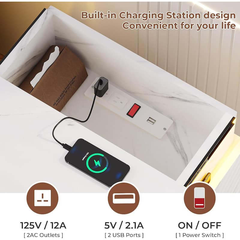 Bedroom Nightstand Charging Station LED Lights Sliding Top 3 Drawers