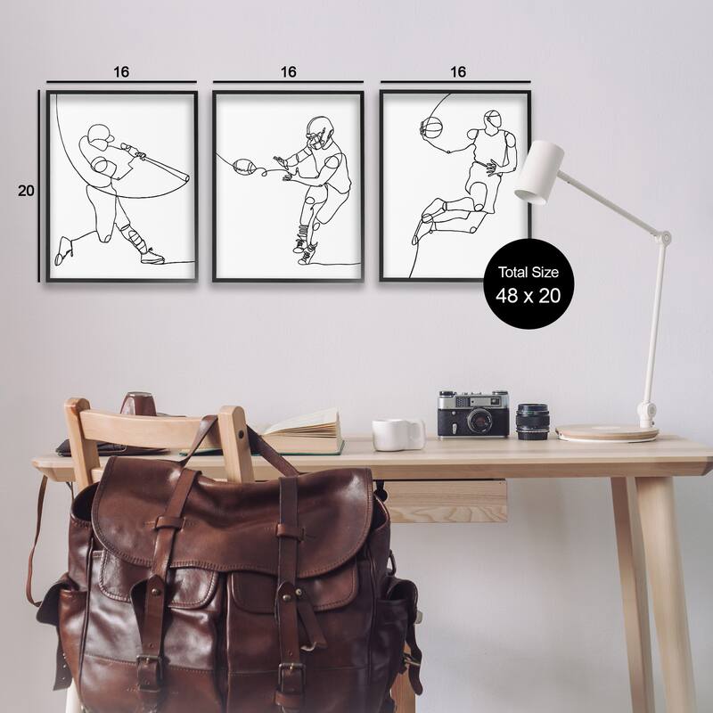 Stupell Simple Line Doodle People Playing Sports Baseball Football Basketball Framed 3 Piece Wall Art - Black