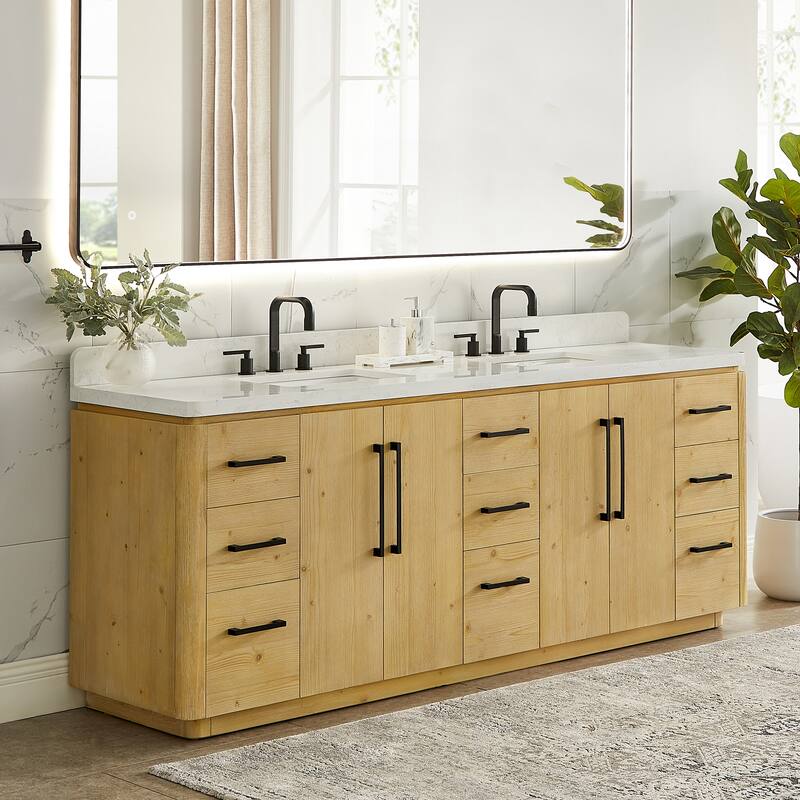 Serene Bathroom Vanity in Nature Brown with Grain White Engineered Stone Countertop without Mirror - 84 inch