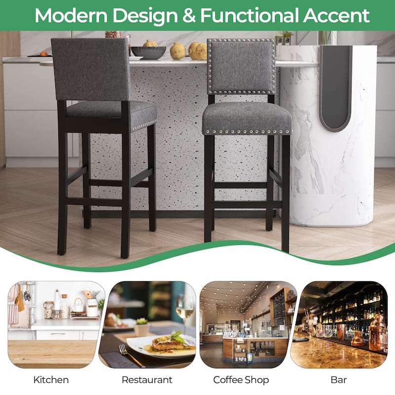 Set of 2 Counter Height Bar Stools with Footrest and Rubber Wood Frame Comfortable Seating