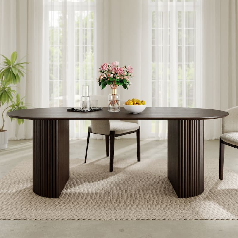 Modern Oval Wooden Dining Table - 79" Large Size, Sturdy Fluted Base, Natural Oak Finish for Dining Room - Walnut