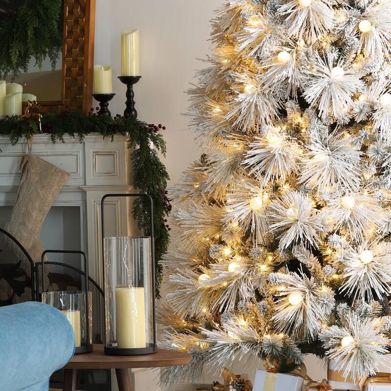 Glitzhome 7.5FT/9FT Pre-Lit Flocked Full Snowy Globe Pine Artificial Christmas Tree with Foot Switch