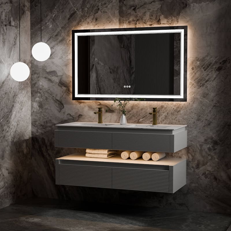 Modland 48" Modern Wall-Mounted Double Sink Bathroom Vanity with Engineered Stone Countertop,LED Light