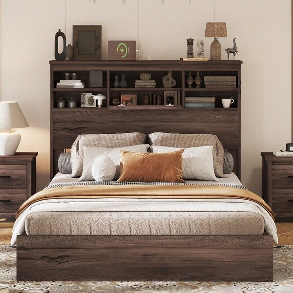 Low Profile Platform Bed Queen Size Wooden Bed Frame with Storage Headboard USB Charging Ports Adjustable Storage Shelf Bed Bath Beyond 40867661