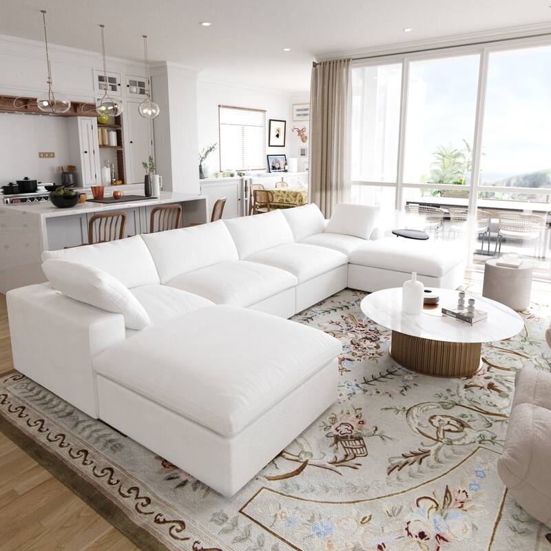 Large U-Shape Linen Reversible Modular Seating Component Sectional with 2 Ottoman - White