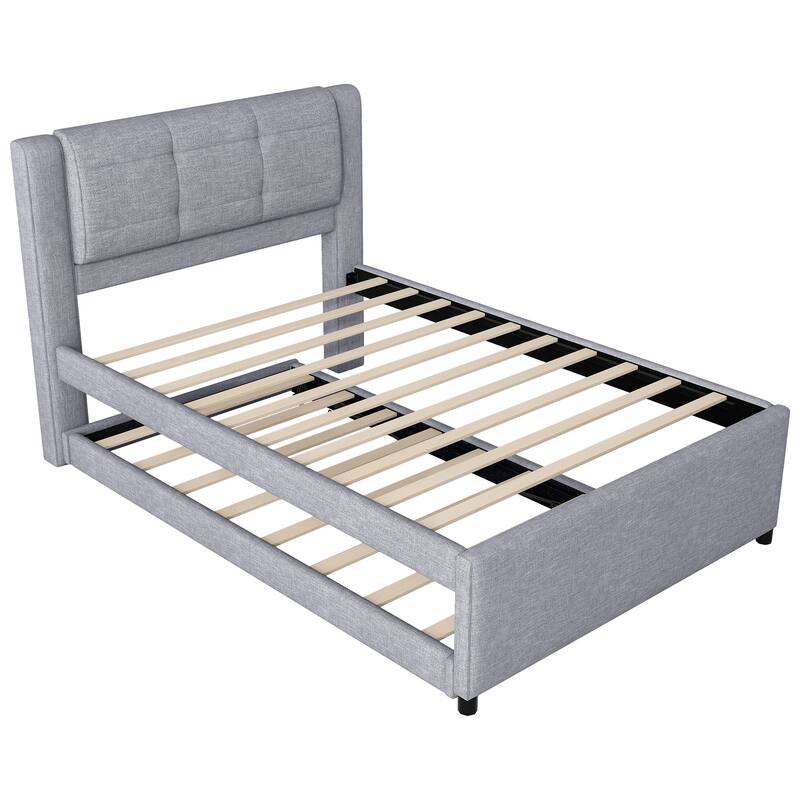 Full Size Platform Bed Frame, Upholstery Daybed with Linen Headboard, Pull-out Trundle w/Slatted Support for Bedroom