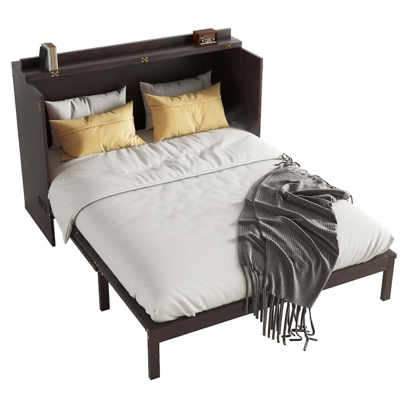 Queen Size Pine Wood Cabinet Bed with Power Station and Rattan Decoration, Espresso