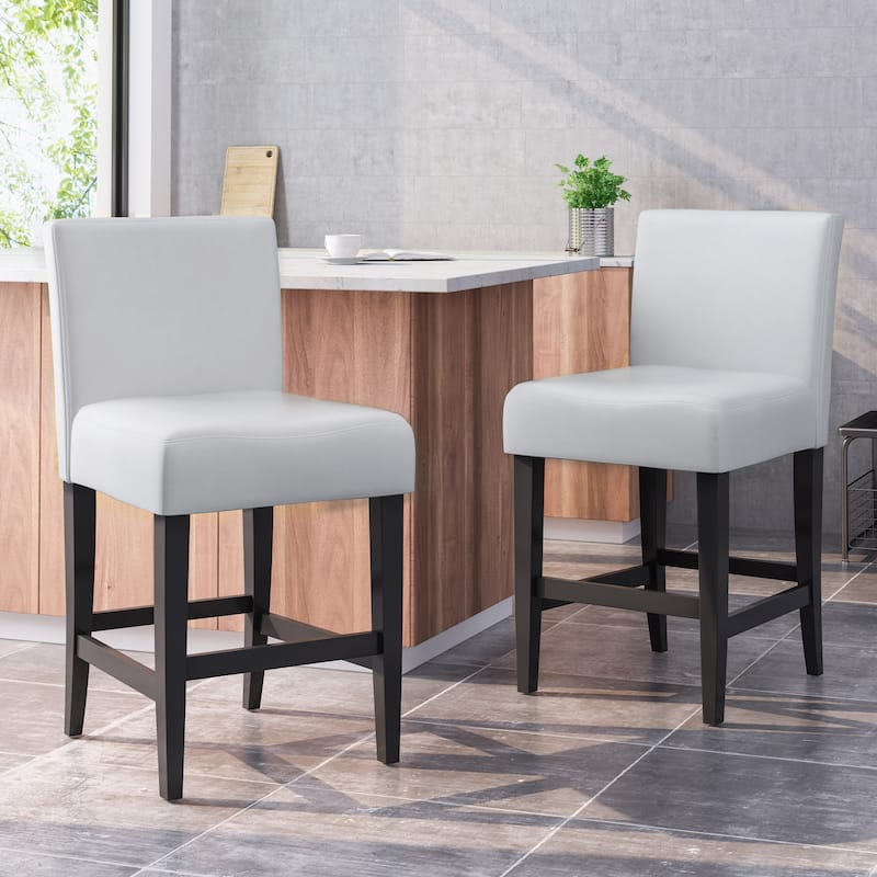Leather Counter Stools Set of 2 Rubber Wood Legs Modern Kitchen Island - Ivory