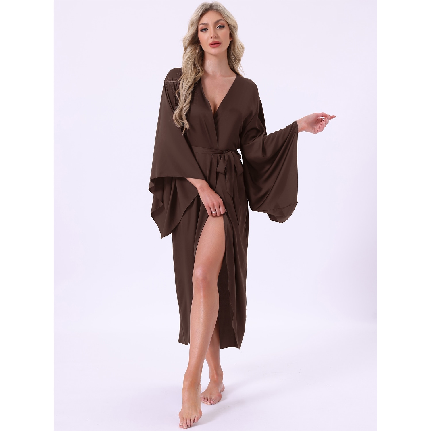 Women's Satin Kimono Robe Wrap Front Bridesmaid Bride Robe Lightweight Loungewear Silky Pajama Bathrobe