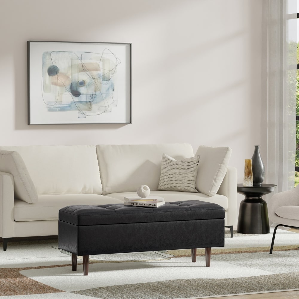 WYNDENHALL Blanchette 48 inch Wide Mid Century Modern Rectangle Storage Ottoman