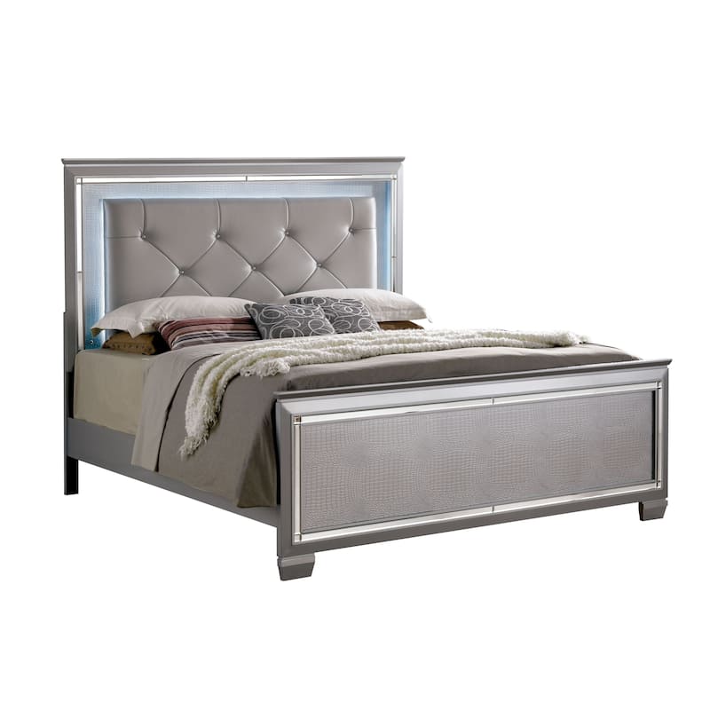 Furniture of America Ruff Lighted Silver Faux Leather Panel Bed
