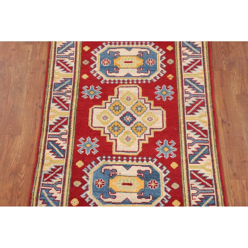 Red Geometric Kazak Foyer Rug Handmade Wool Carpet - 2'8" x 4'3"