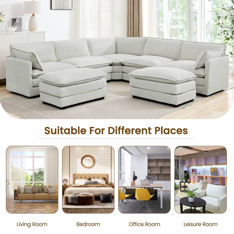 7-Seater Corduroy Sectional Sofa with 2 Removable Ottomans & Corner Seat, Soft & Comfortable - 5 Seats with 2 Ottoman