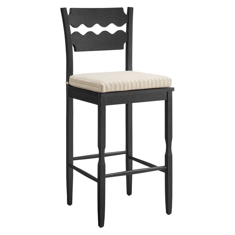 Jax Oak Wood Bar Stool With Wavy Razor Back and Cushion