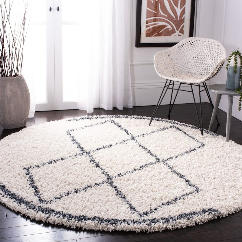 SAFAVIEH Pro Luxe Shag Dile Moroccan Tassel 2.4-inch Thick - 6'7" x 6'7" Round - Cream/Blue - Runner/Round