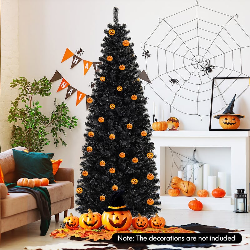 Gymax 6/7 FT Pre-lit Black Christmas Tree Artificial PVC Slim Pencil - See details