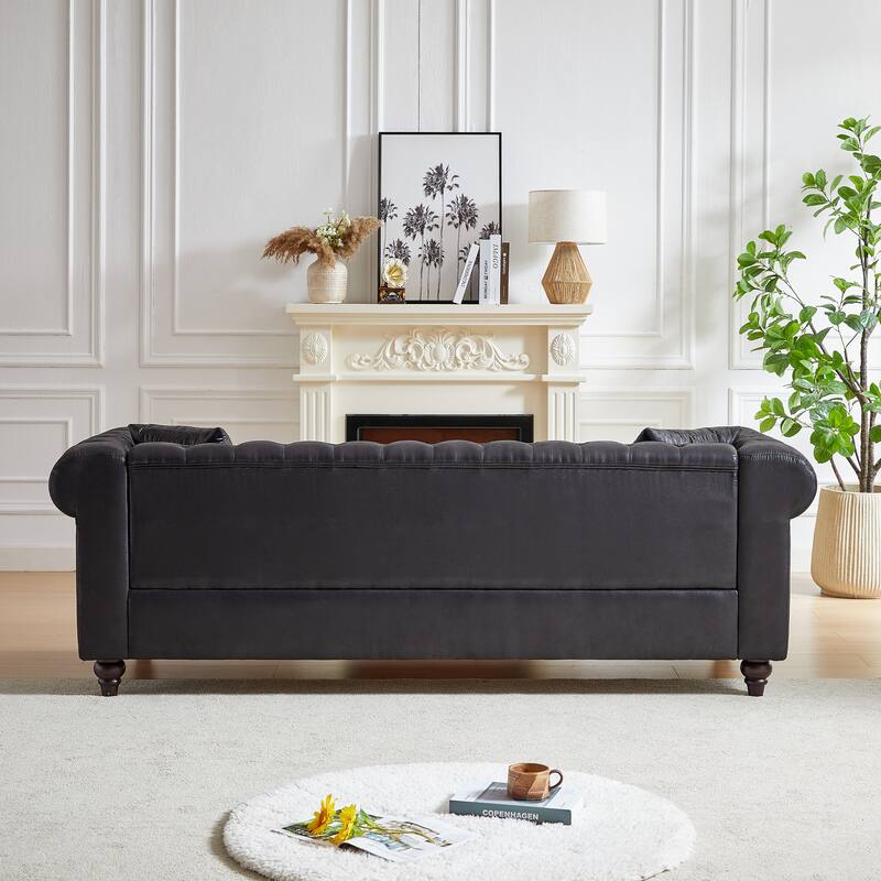 Black 85.5" Tech Fabric 3-seater Rolled Arms Chesterfield Button Sofa with 2 Cushions for Living Room