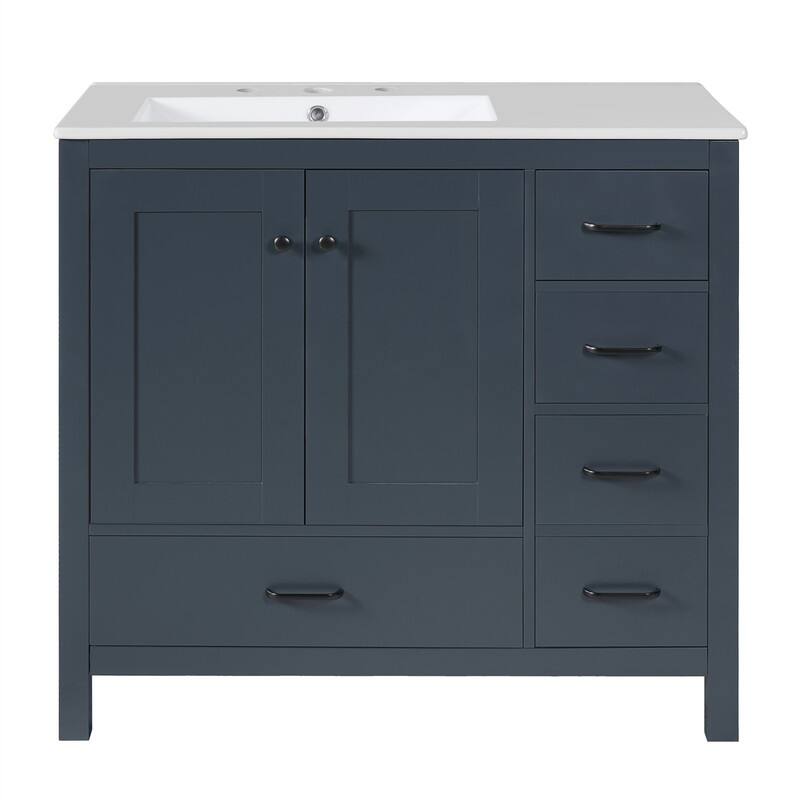 36'' Bathroom Vanity with Ceramic Sink Combo, Modern Bathroom Vanity Cabinet with 2 Soft Close Doors and 5 Storage Drawers