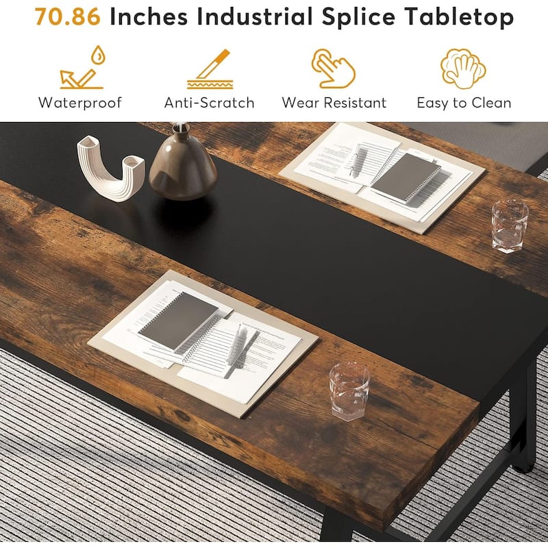 70", Modern Rectangular Conference Table for 6-8 People, Rustic Brown & Black