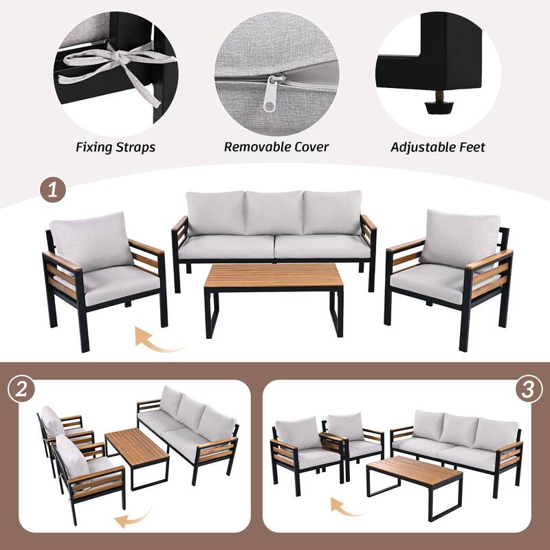 4-Piece Outdoor Iron Cnversation Sofa Set with Solid Wood Coffee Table and Removable Cushion