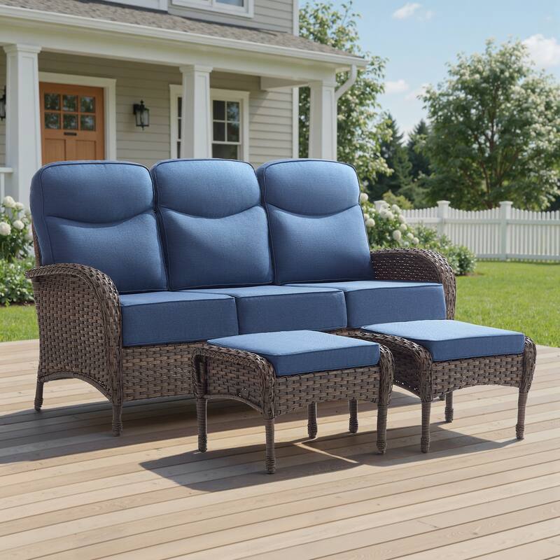 Luna 3-Seat Wicker Patio Sofa with 6-Inch Thick Cushions and 2 Ottomans