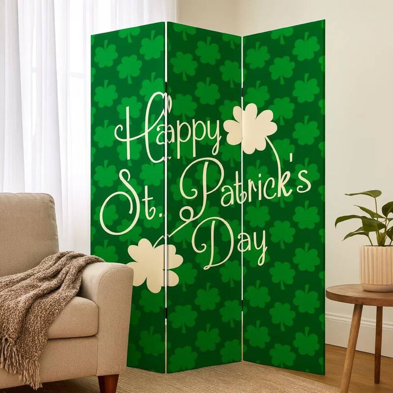 72 Inch 3 Panel Canvas St Patricks Day Print Room Divider,Green