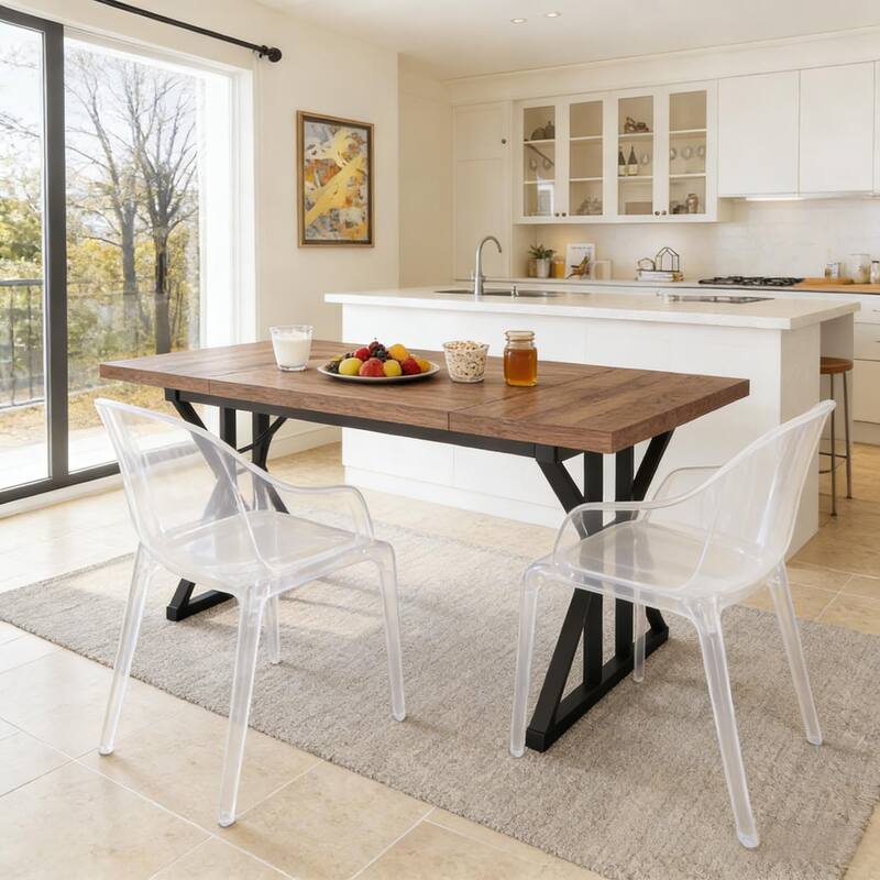Dining Table for 6, Wood Kitchen Table with Trestle Base, Kitchen Table Meeting Table with X-shaped Accents
