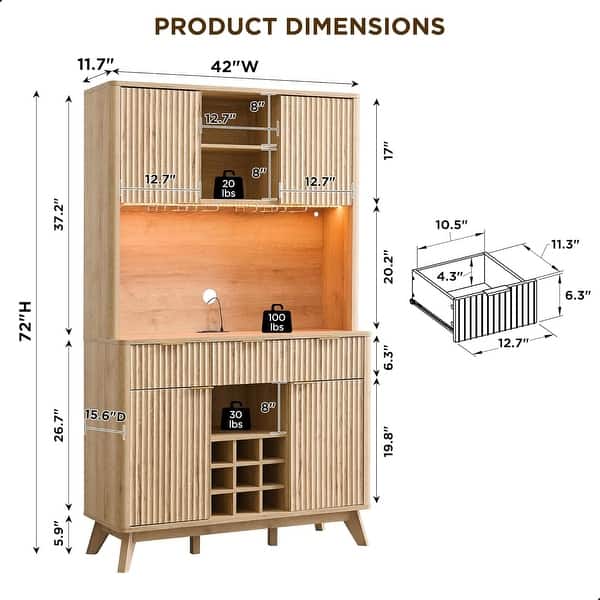 dimension image slide 1 of 3, 72" Wine Bar Cabinet, Modern Wood Coffee Bar Cabinet with LED Lights - N/A