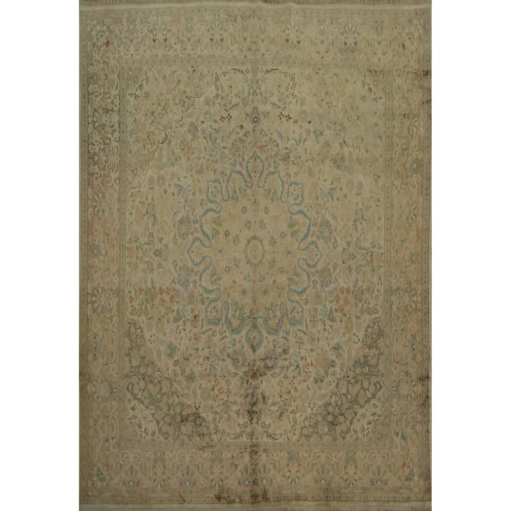 Hand Knotted Oriental Silk Carpet Traditional Floral Beige & Ivories Kashmir Area Rug - 7' 4'' X 6' 11''