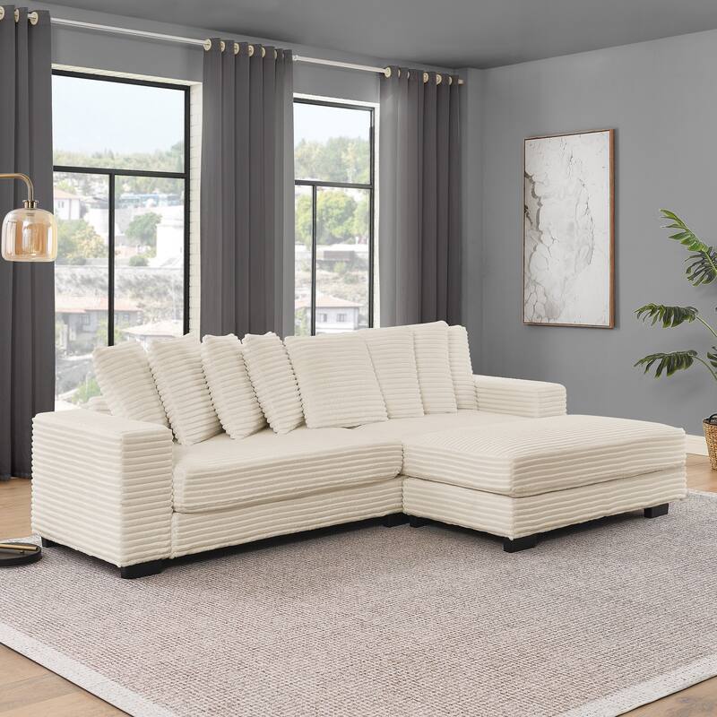 Roomfitters Corduroy Tufted Upholstered Sleeper Sectional Sofa, L-Shape Modular Convertible Sofa with Adjustable Footrests - Beige