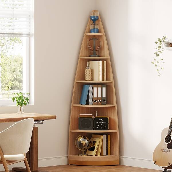 Medium Brown Wood Shelving Unit With Copper Ladder And 4 Shelves