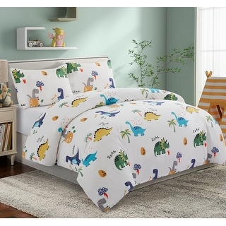 Kids Boys Printed 600 Thread Count Cotton Blend Percale Duvet Cover Fitted Sheet Ensemble Bedding Set, Dinosaur Zoo Dino