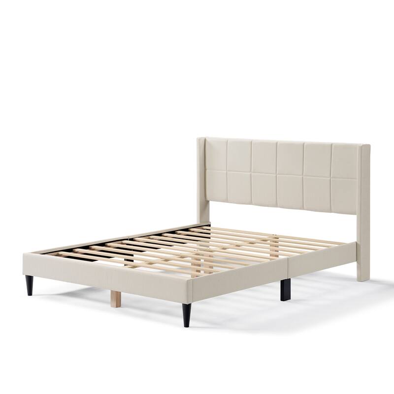 Queen Bed Frame with Wingback/Linen Upholstered Platform Bed with Square Stitched Headboard/Wood Slats Support/Solid Wood Legs