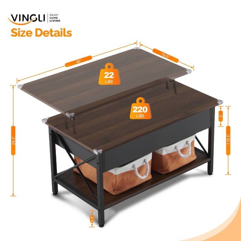 VINGLI Rectangular Nordic Walnut P2 Board with Side X-shaped Metal Frame, Adjustable Height, 2 Storage Bags, Coffee Table
