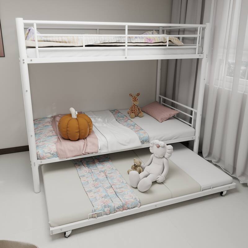 Durable Twin over Twin Bunk Bed with Safety Guardrail, Noise Reduced, No Box Spring Needed, White
