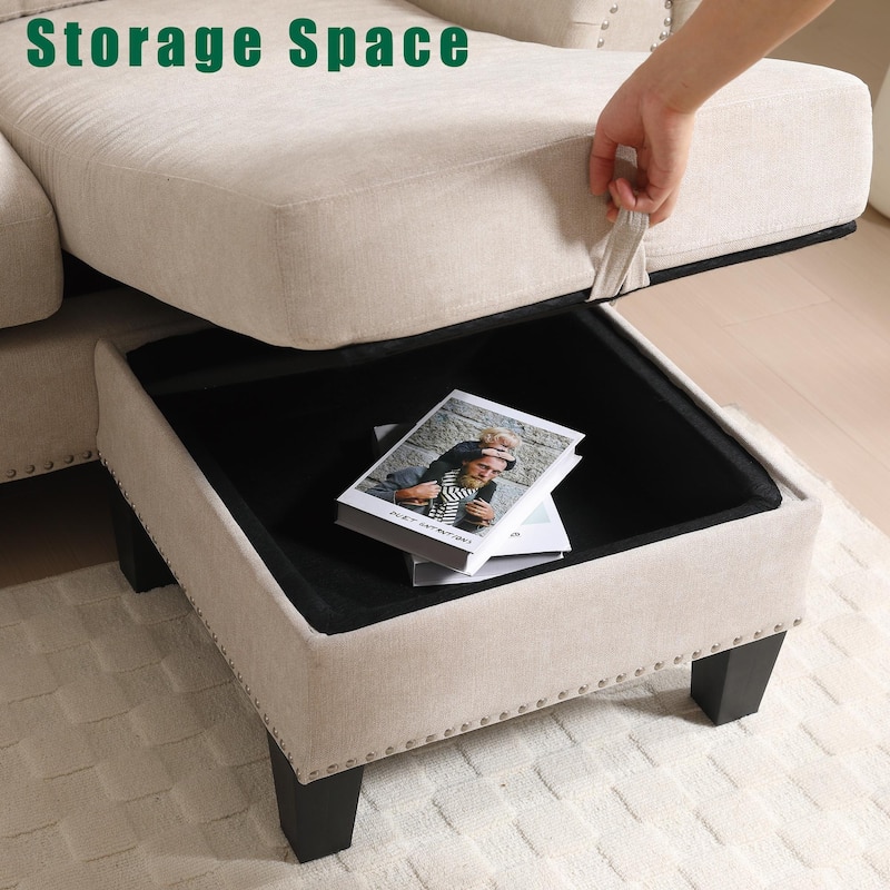Linen Fabric Sectional Sofa, L-shaped Upholstered Sofa with Storage, Modern Rolled Arms Couch for living room