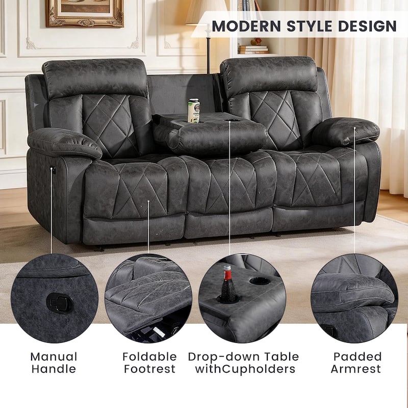 3PC Soft Microfiber Manual Reclining Chair, Bluetooth Speaker, Type-C and USB Charger, Recliner