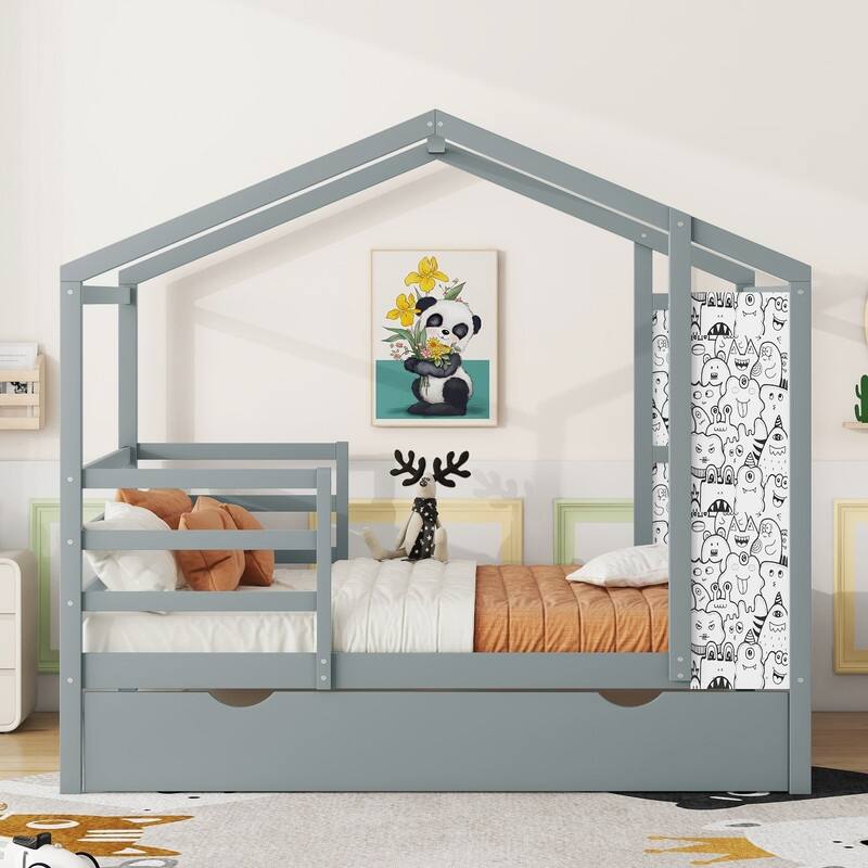 Full Size Wood House Bed with Fence and Writing Board