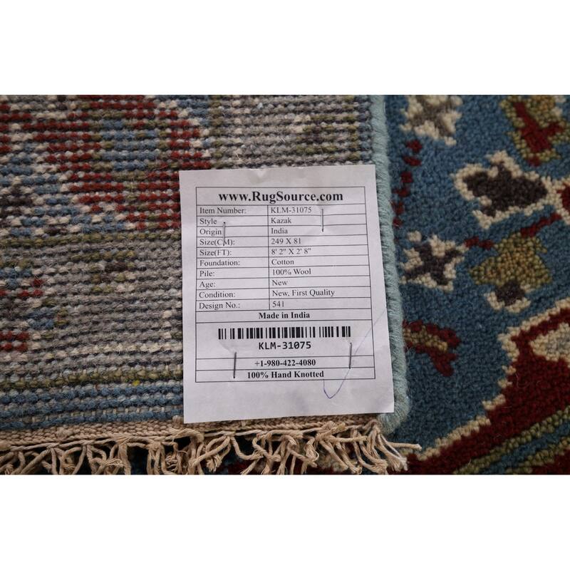 Blue Kazak Oriental Runner Rug Hand-Knotted Wool Carpet - 2'8"x 8'2"