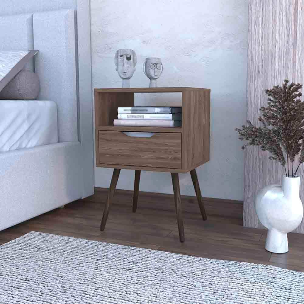 Dark Walnut Nightstand with Open Shelf and Single Drawer