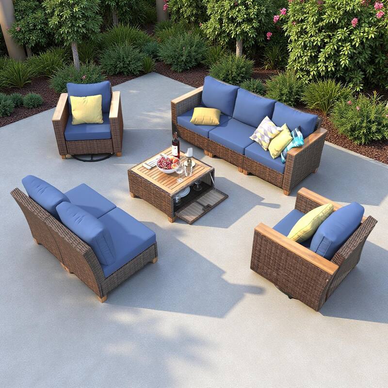 8-Piece Outdoor Patio Wicker Conversation Sofa Set with 2 Swivel Rocking Chairs and Acacia Storage Table - Blue+Brown