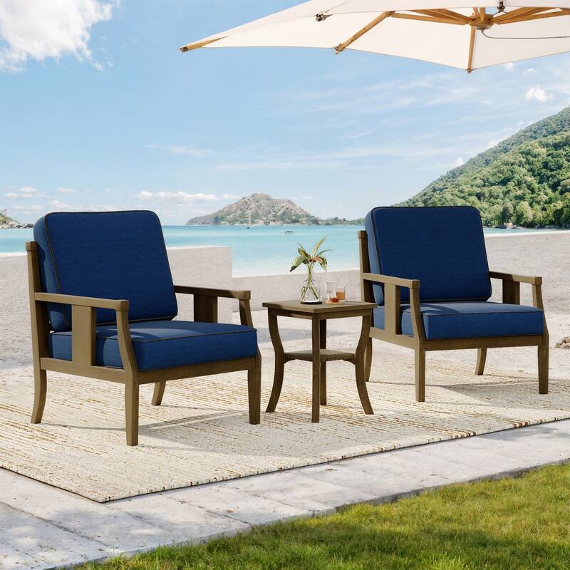 Wood Patio Bistro Set with Water-Resistant Cushions(Set of 3) - Navy/Brown