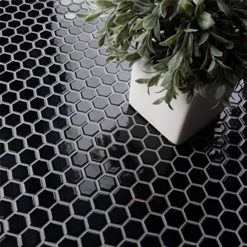 Merola Tile Metro 1" Hex Glossy Black 10-1/4"x11-7/8" Porcelain Mosaic Tile