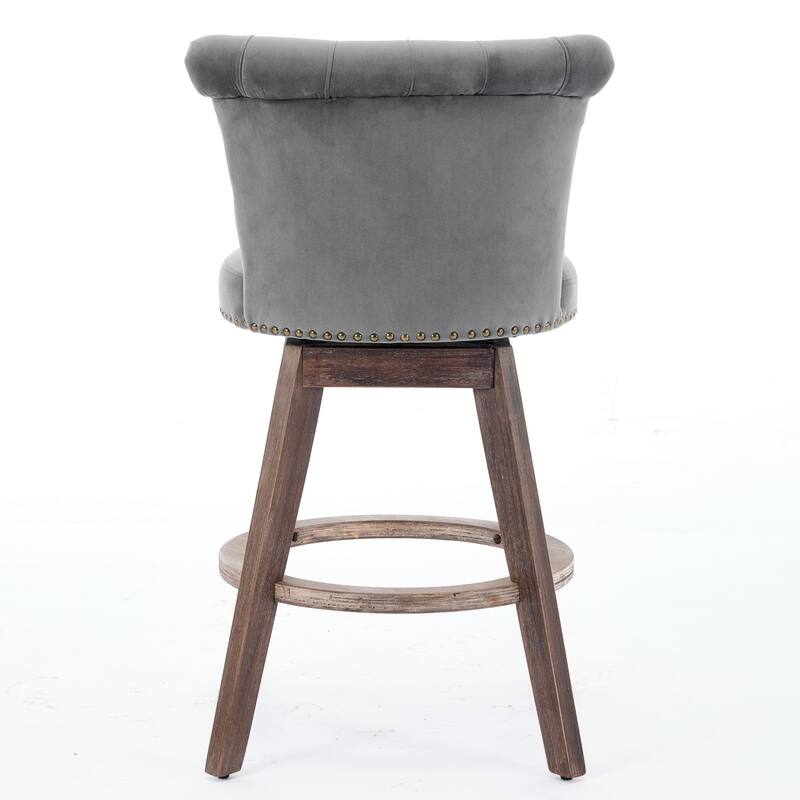 Velvet Upholstered Counter Height Bar Stools Set of 2, Tufted Button Swivel Bar Stools, Kitchen Counter Stools with Wood Legs