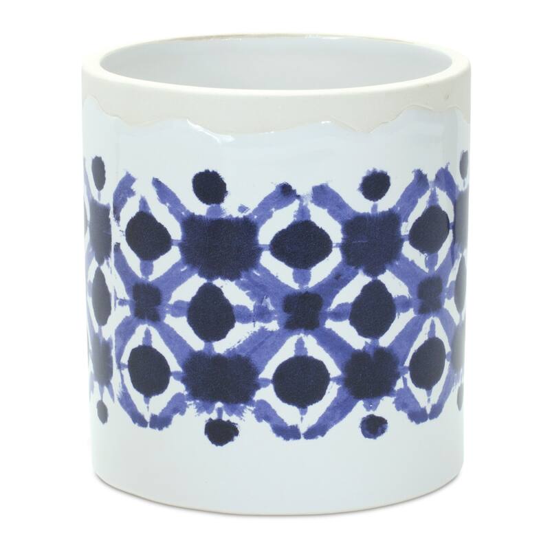 HomeRoots Set of Two White And Blue Ceramic 5 Ounce Geometric Round Pot Planters - 5.50 in. x 6.00 in. x 5.50 in.