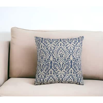 HomeRoots 22" Blue And Natural Damask Cotton Throw Pillow