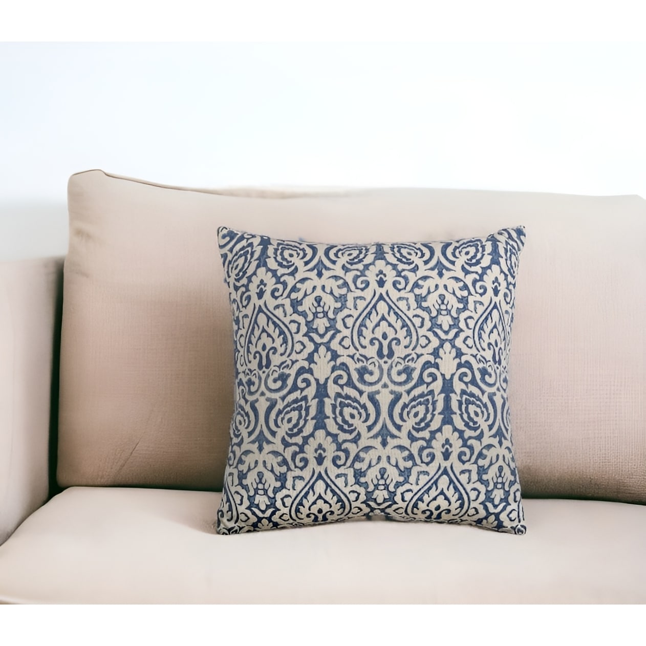 HomeRoots 22" Blue And Natural Damask Cotton Throw Pillow